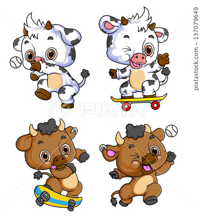 Cute Cartoon Cow and Bull Characters Playing Skateboard and Baseball 137079649