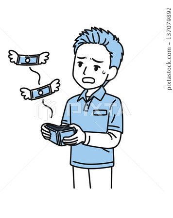 Illustration material of a man in a polo shirt who is disappointed to see money flying out of his wallet Illustration material of a man in a polo shirt who is disappointed to see money flying out of his wallet 137079892