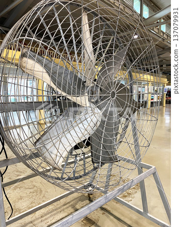 Large industrial fan with metal blades and protective cage positioned on a stand inside a spacious warehouse environment with visible machinery in the background 137079931