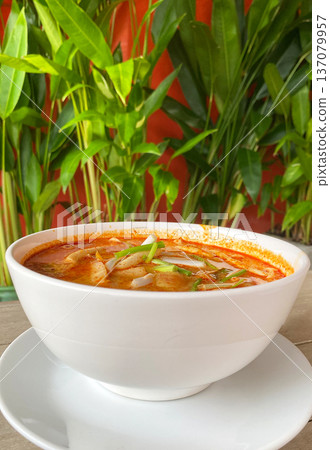 Tom yum soup served in a white bowl garnished with green onions, placed on a saucer with a backdrop of lush green plants and a vibrant red wall 137079957