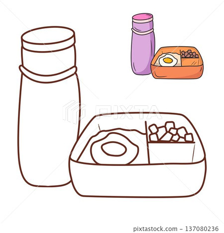 Simple flat illustration of a lunch box with fried egg and a water bottle, featuring both a line art coloring version and a colored thumbnail. 137080236