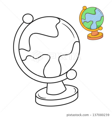 Clean line art illustration of a world globe on a stand with a small colored reference. Clean line art illustration of a world globe on a stand with a small colored reference. 137080239