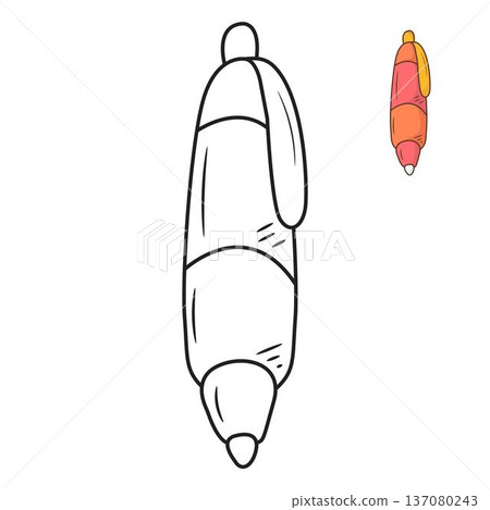 Clean line art illustration of a modern ballpoint pen with a small colored reference guide. 137080243