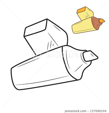Minimal line art of a highlighter marker with a small colored reference guide. 137080244