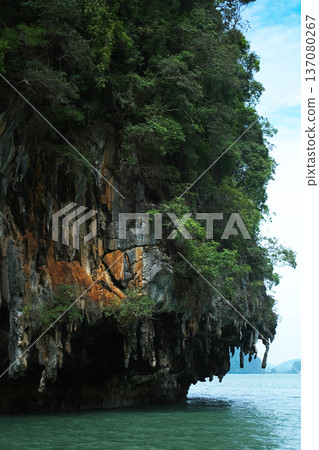 Rocky cliffside covered in lush greenery rises above calm turquoise waters under a clear blue sky in a tropical coastal landscape 137080267