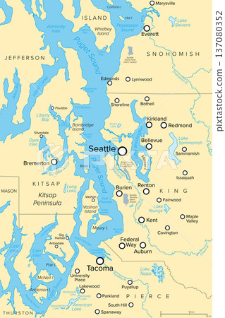 Seattle metropolitan area, U.S. state of Washington, political map. Urban agglomeration comprising Seattle, its surrounding satellites and suburbs, in the counties King, Pierce, and Snohomish. Vector Seattle metropolitan area, U.S. state of Washington, political map. Urban agglomeration comprising Seattle, its surrounding satellites and suburbs, in the counties King, Pierce, and Snohomish. Vector 137080352