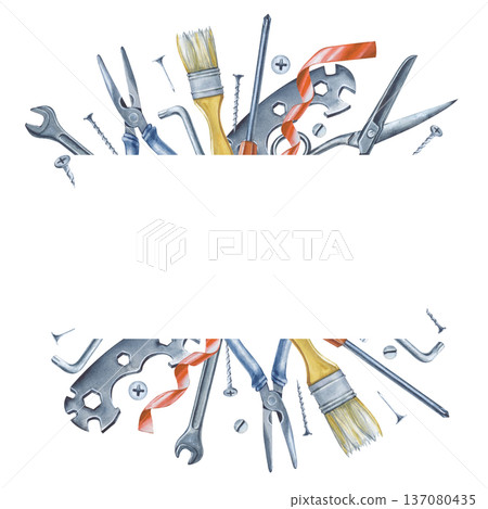 Watercolor square frame with men's tools for home renovation. The illustration with metal tools is made by hand on an isolated background. A realistic template for business cards and advertising 137080435