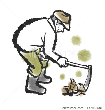 A grower digging up bamboo shoots with a mulberry. A hand-drawn illustration with the texture of Japanese paper. 137080681