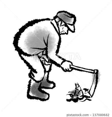 A grower digging up bamboo shoots with a hoe - Hand-drawn monochrome illustration 137080682