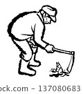 A grower digging up bamboo shoots with a hoe - brush-touch vector line drawing illustration 137080683