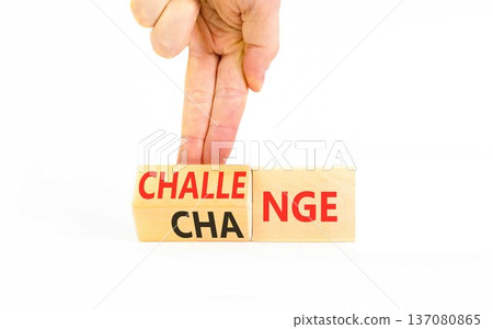 Chance or challenge symbol. Concept words Challenge to Chance on beautiful wooden cubes. Beautiful white background. Businessman's hand. Business challenge or chance concept. Copy space. Chance or challenge symbol. Concept words Challenge to Chance on beautiful wooden cubes. Beautiful white background. Businessman's hand. Business challenge or chance concept. Copy space. 137080865
