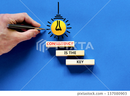 Consistency is the key symbol. Concept words Consistency is the key on beautiful wooden blocks. Beautiful blue background. Businessman's hand. Business consistency is the key concept. Copy space. 137080903