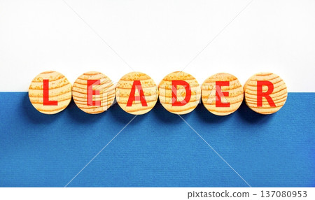 Leadership and leader symbol. Concept word Leader on beautiful wooden circles. Beautiful blue and white background. Business leader and leadership concept. Copy space. 137080953