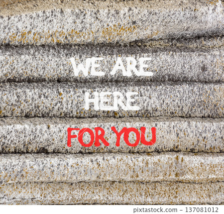 Support, help and we are here for you symbol. Concept words We are here for you on beautiful grey mountain. Beautiful grey mountain background. Business we are here for you concept. Copy space. 137081012