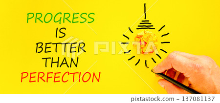 Progress or perfection words symbol. Concept words Progress is better than perfection on beautiful yellow paper. Beautiful yellow background. Business progress or perfection concept. Copy space. Progress or perfection words symbol. Concept words Progress is better than perfection on beautiful yellow paper. Beautiful yellow background. Business progress or perfection concept. Copy space. 137081137