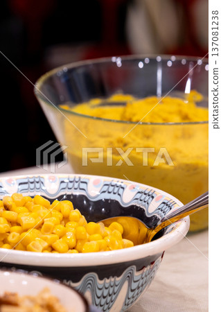 Bowl of sweet corn with hummus Bowl of sweet corn with hummus 137081238