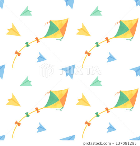 Seamless pattern. Kite, colorful paper planes, toys for children. In a flat style. Watercolor, pastel, gouache. For the design of children's products Seamless pattern. Kite, colorful paper planes, toys for children. In a flat style. Watercolor, pastel, gouache. For the design of children's products 137081283