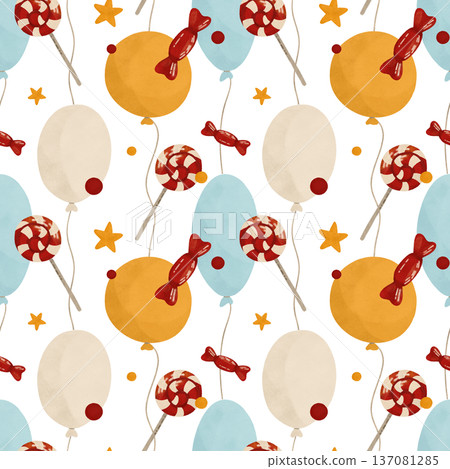 A festive seamless pattern, lollipop, candy, balloons, confetti. Flat style. Watercolor, pastel, gouache. Red, yellow, blue, beige. Design element 137081285