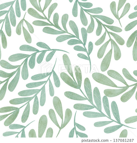 Seamless pattern. Beautiful green branches, leaves, smooth curves. flat style ornament, handdrawn. Watercolor, pastel, pencil. For product design 137081287