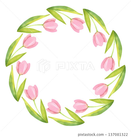 Round frame of fresh tulips with green leaves. Spring floral wreath hand painted in watercolor. Round frame of fresh tulips with green leaves. Spring floral wreath hand painted in watercolor. 137081322