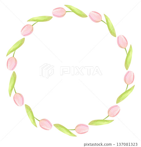 Round frame of fresh tulips with green leaves and buds. Spring floral wreath hand painted in watercolor. 137081323