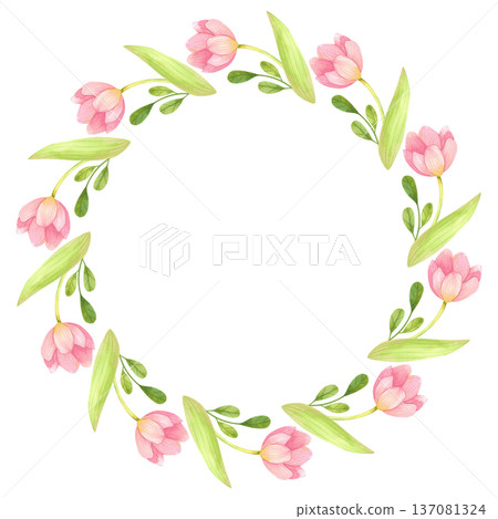 Round frame of fresh tulips with green branches. Spring floral wreath hand painted in watercolor. Round frame of fresh tulips with green branches. Spring floral wreath hand painted in watercolor. 137081324
