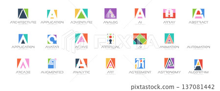 Colourful Letter A Logo Collection Fun Geometric Shape Style, Modern Minimalist Creative Branding for Business Identity Design. Monogram Set for Startups, Businesses, Companies. Vector Illustration 137081442