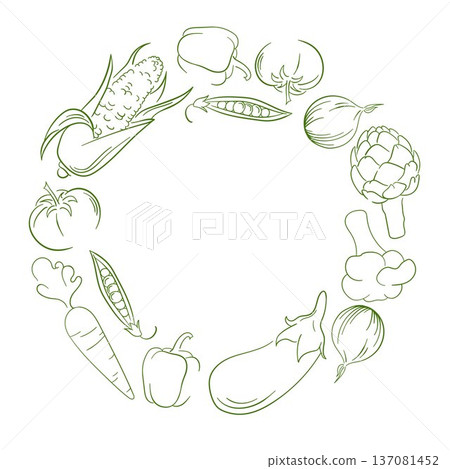 Line art style vegetable wreath illustration with corn, tomato, carrot, eggplant, artichoke and pepper. Circular frame on white background for healthy store design, package and menu. Line art style vegetable wreath illustration with corn, tomato, carrot, eggplant, artichoke and pepper. Circular frame on white background for healthy store design, package and menu. 137081452