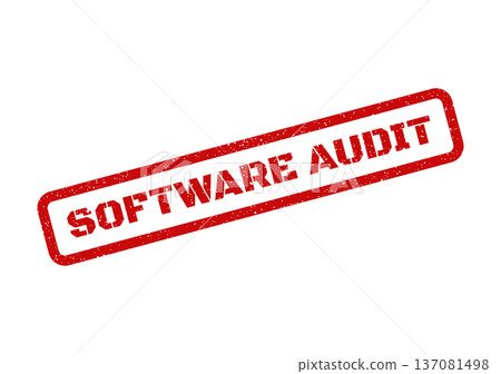 A distinctive grunge textured red rectangular rubber stamp explicitly showing the words software audit for compliance checks 137081498