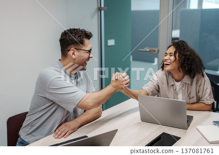 Professional Agreement During Meeting. Workplace Interaction Showing Friendship And Partnership Progress Professional Agreement During Meeting. Workplace Interaction Showing Friendship And Partnership Progress 137081761