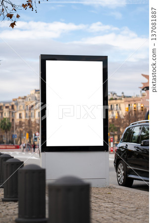 Blank billboard mockup in a contemporary urban street scene, presenting a large empty white advertisement panel for corporate messaging, branding, and promotional content Blank billboard mockup in a contemporary urban street scene, presenting a large empty white advertisement panel for corporate messaging, branding, and promotional content 137081887