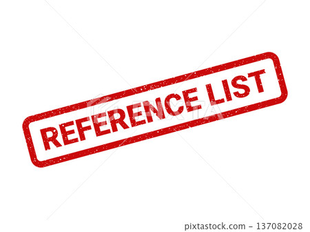 A rectangular rubber stamp with a textured appearance displays the important words REFERENCE LIST for official documentation 137082028