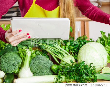 Woman having green vegetables thinking about cooking 137082732