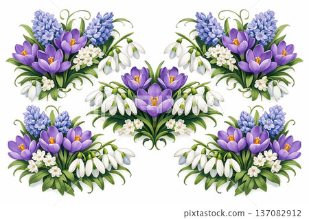 Spring Floral Bouquet Set with Crocus and Snowdrops on White 137082912