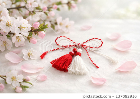 Traditional Martisor with Red and White Tassels and Spring Blossoms 137082916
