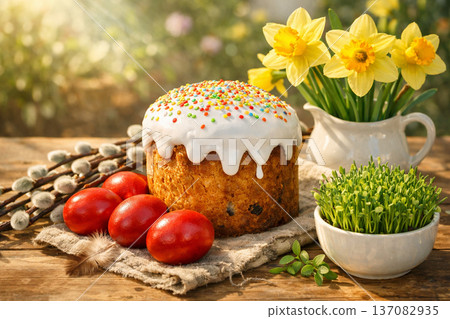 Orthodox Easter Celebration with Glazed Pastry and Spring Flowers 137082935