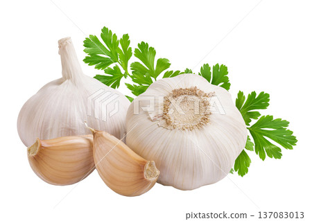 unpeeled whole garlic and cloves isolated on white background close up unpeeled whole garlic and cloves isolated on white background close up 137083013