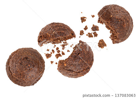 chocolate cookie with kerob, banana, nuts isolated on white background. Healthy food, gluten-free, flour-free. Top view. Flat lay. chocolate cookie with kerob, banana, nuts isolated on white background. Healthy food, gluten-free, flour-free. Top view. Flat lay. 137083063