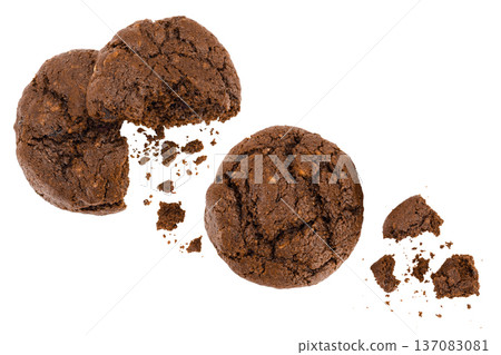 chocolate cookies isolated on white background with full depth of field. Top view. Flat lay 137083081