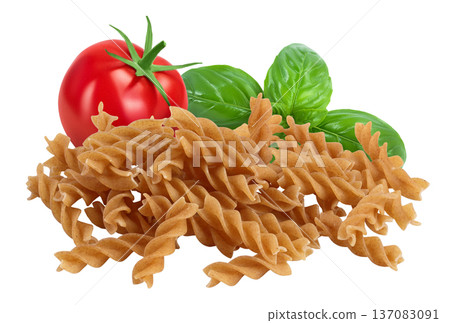Wolegrain fusilli pasta from durum wheat isolated on white background with full depth of field. Wolegrain fusilli pasta from durum wheat isolated on white background with full depth of field. 137083091