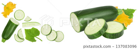 Fresh sliced zucchini isolated on white background. Top view with copy space for your text. Flat lay Fresh sliced zucchini isolated on white background. Top view with copy space for your text. Flat lay 137083096
