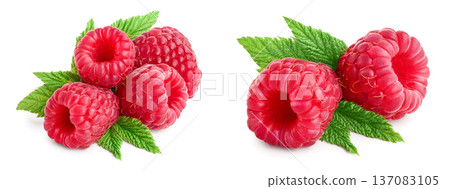 Ripe raspberries with leaf isolated on a white background Ripe raspberries with leaf isolated on a white background 137083105