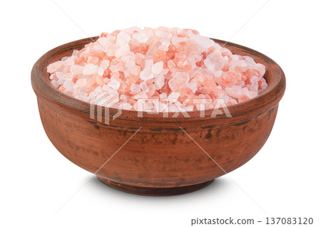 Pink Himalayan salt in ceramic bowl isolated on white background with full depth of field Pink Himalayan salt in ceramic bowl isolated on white background with full depth of field 137083120