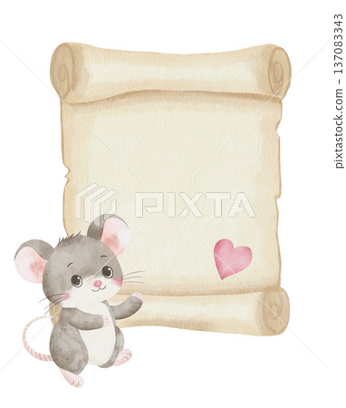 Cute gray mouse stands next to an open empty scroll with pink heart-shaped stamp. Watercolor illustration in childlike style, hand-drawn, white background. For Valentine's Day cards, invitations Cute gray mouse stands next to an open empty scroll with pink heart-shaped stamp. Watercolor illustration in childlike style, hand-drawn, white background. For Valentine's Day cards, invitations 137083343