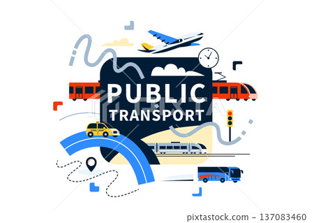 Public transport city map vector illustration. Urban mobility concept with bus, taxi, train, airplane, navigation icons. Transportation network for travel, logistics and infrastructure Public transport city map vector illustration. Urban mobility concept with bus, taxi, train, airplane, navigation icons. Transportation network for travel, logistics and infrastructure 137083460