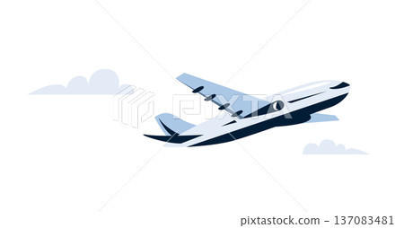 Airplane flying in the sky. Aircraft transport vector illustration for travel, aviation, and global logistics design. Isolated flat icon of commercial jet 137083481