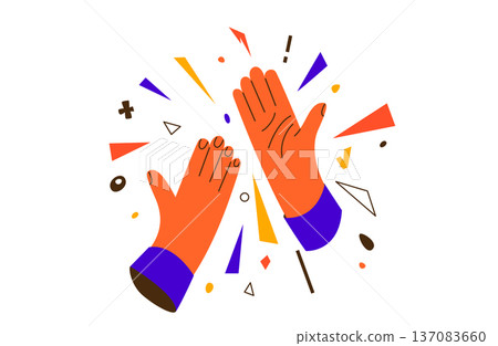 High five vector illustration background. Teamwork success, partnership and celebration concept. Abstract hands gesture with vibrant geometric shapes for achievement and cooperation. High five vector illustration background. Teamwork success, partnership and celebration concept. Abstract hands gesture with vibrant geometric shapes for achievement and cooperation. 137083660