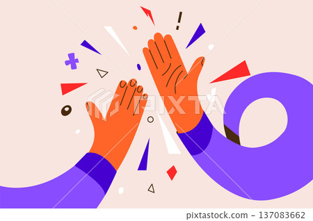 High five vector illustration background. Teamwork success, partnership and celebration concept. Abstract hands gesture with vibrant geometric shapes for achievement and cooperation. High five vector illustration background. Teamwork success, partnership and celebration concept. Abstract hands gesture with vibrant geometric shapes for achievement and cooperation. 137083662