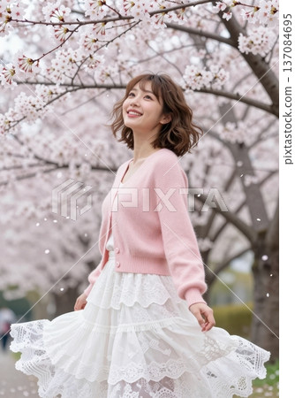 Beautiful young Asian woman smiling under blooming cherry blossom trees, wearing pink cardigan and white lace skirt, spring fashion and hanami concept. 137084695