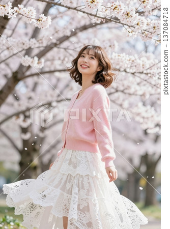 Beautiful young Asian woman smiling under blooming cherry blossom trees, wearing pink cardigan and white lace skirt, spring fashion and hanami concept. 137084718